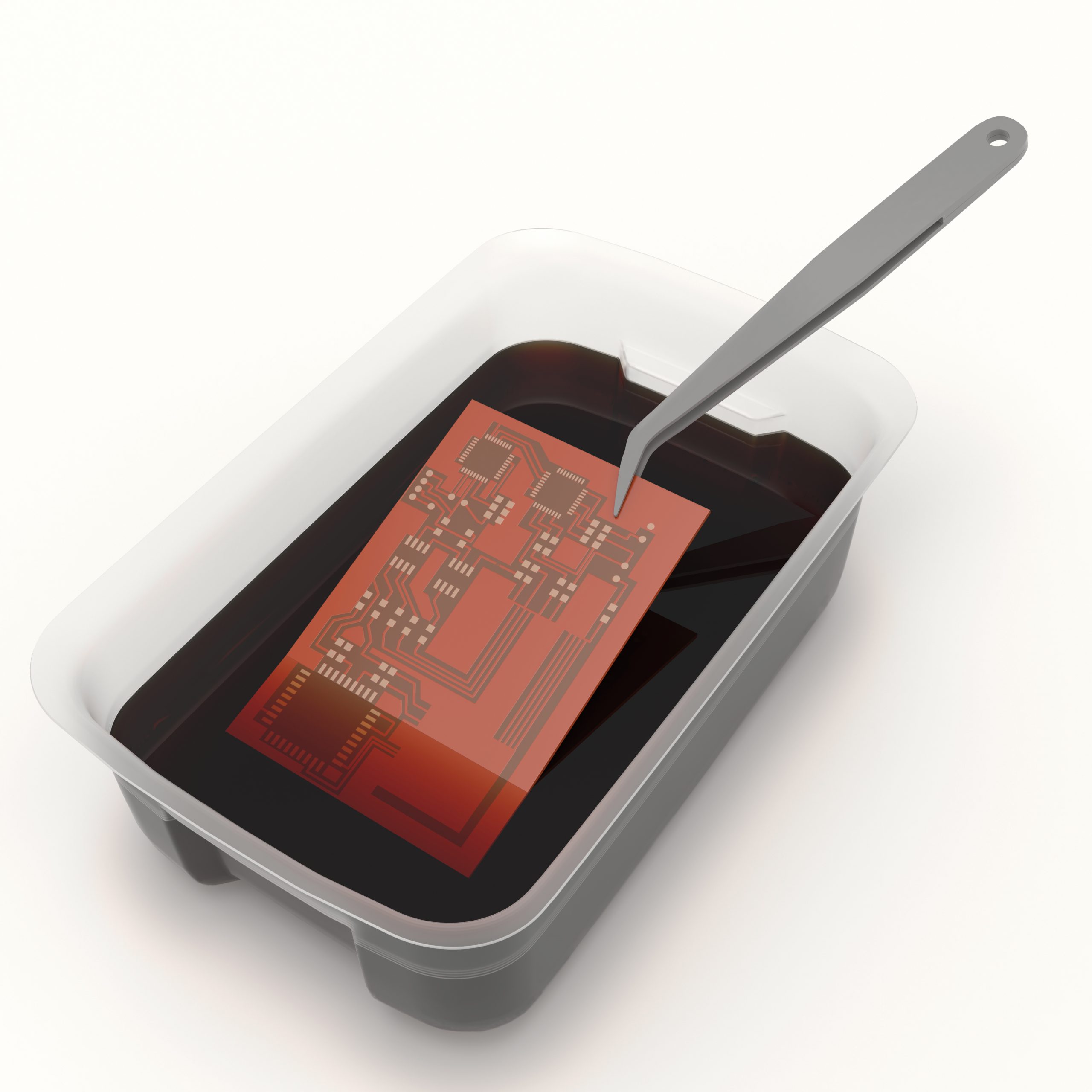 Wet etching process with PCB in chemical solution.