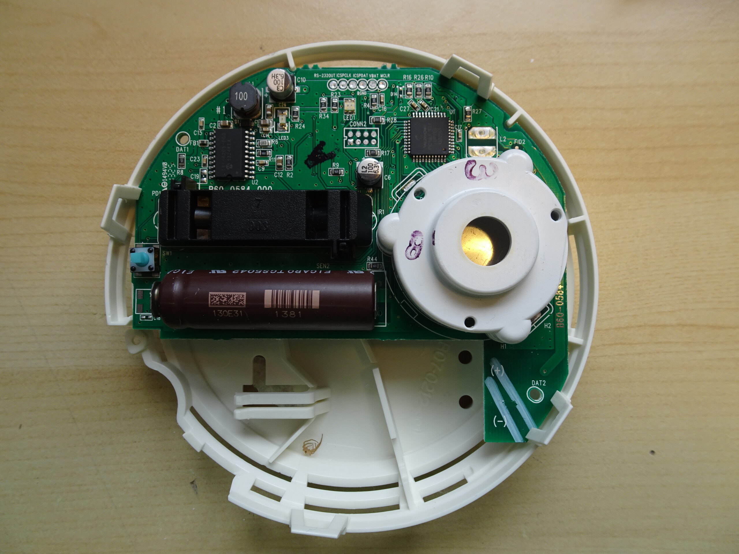 Single-sided PCB in a smoke detector or electronic timer.