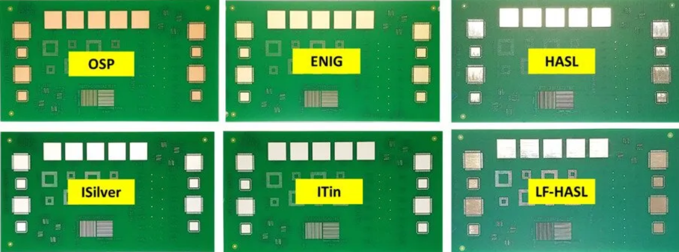 Comparison of PCB surface finishes and silk screen printing quality.