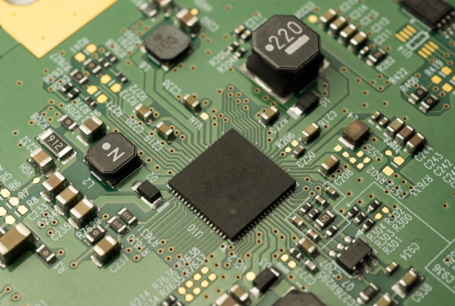 Close-up of a Printed Circuit Board with smart electronic microprocessors and components