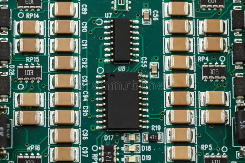Close-up of a PCB with mounted components like resistors and ICs.