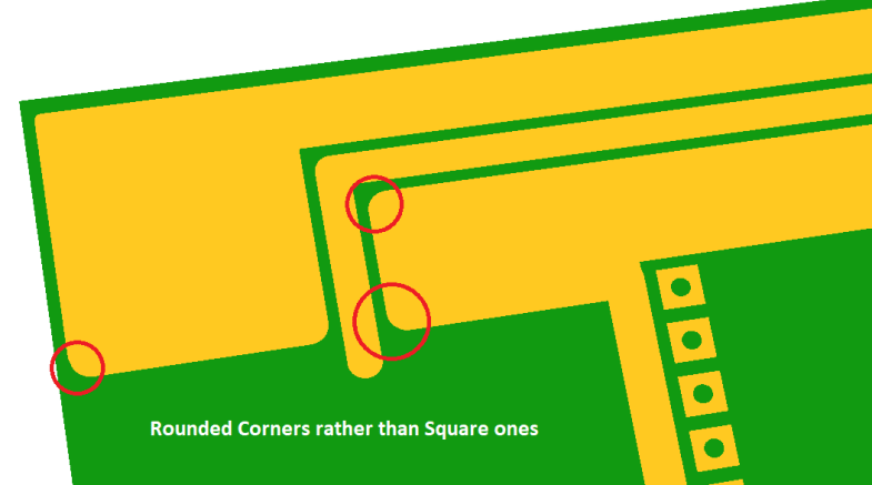 PCB trace routing with rounded corners for signal integrity.