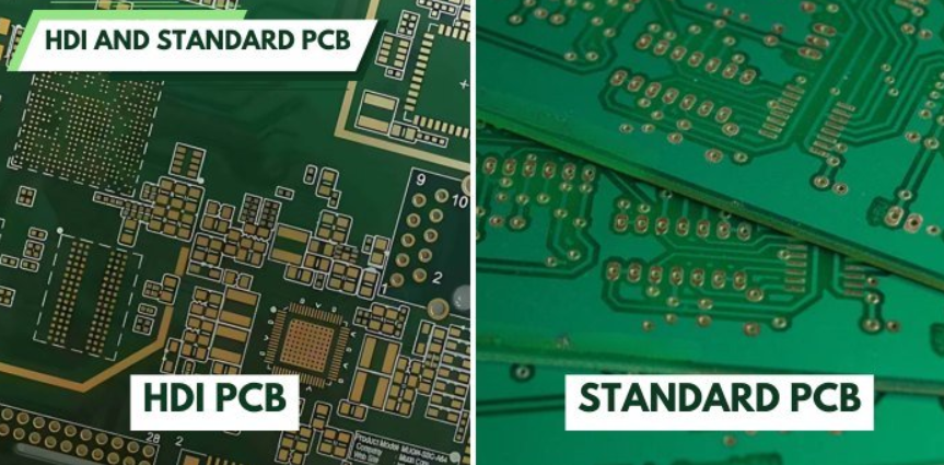 Comparison of traditional PCB vs. HDI PCB with stacked vias for layer count reduction