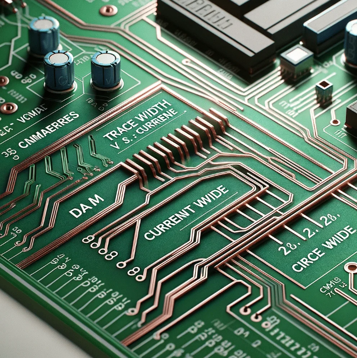 PCB with traces of different widths for current and signal applications