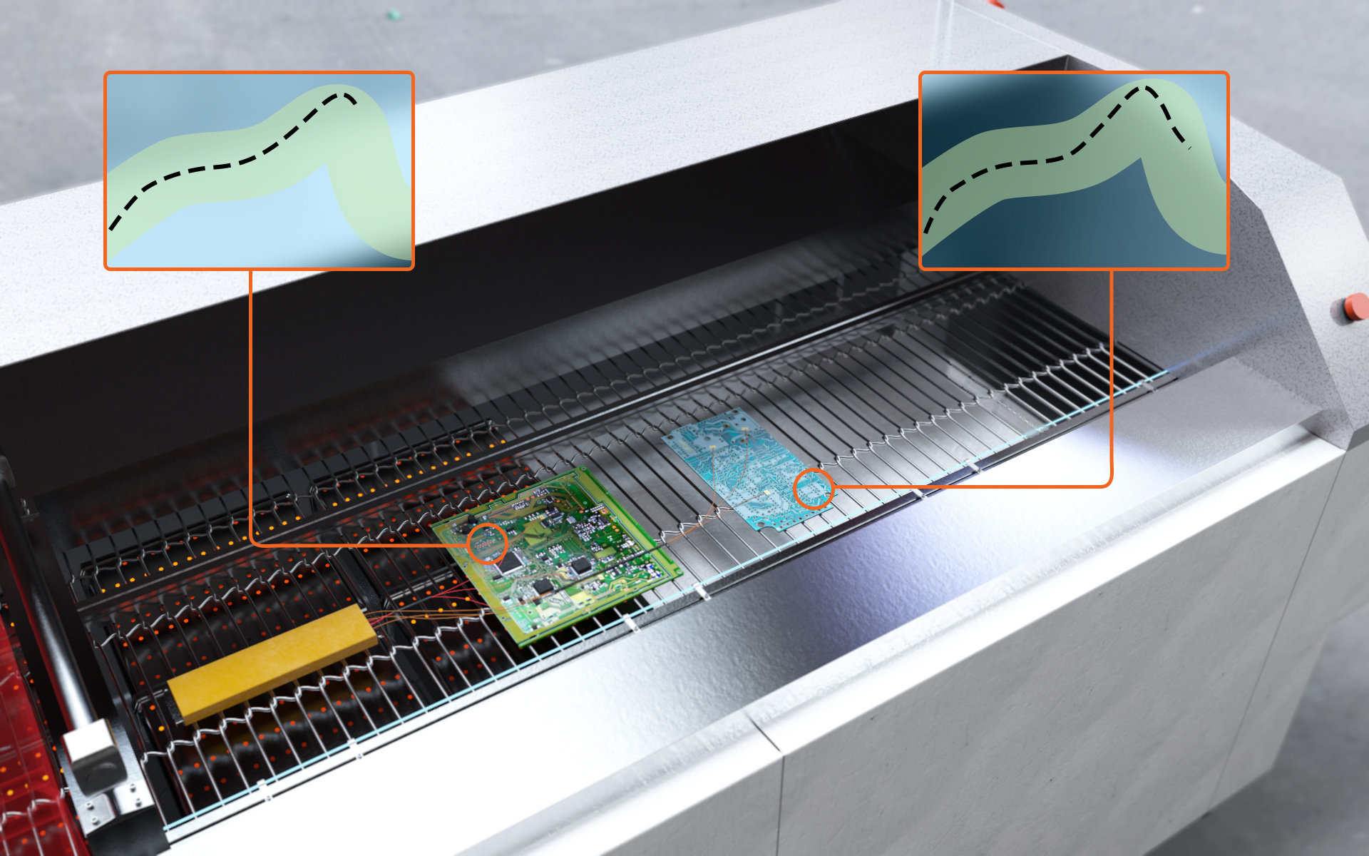 Thermal profiling setup for PCB assembly with reflow oven.