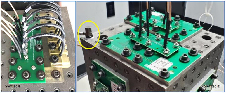 PCB connector undergoing vibration testing for reliability.