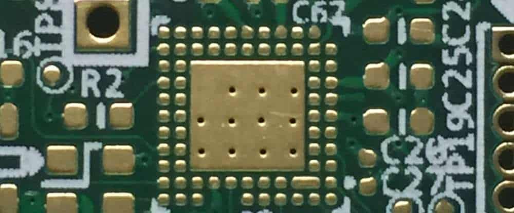 Via-in-pad design under a BGA component for high-density PCB layout.