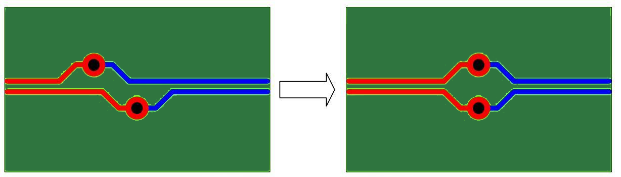 Differential pair routing with consistent trace spacing.