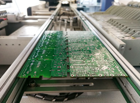 SMT assembly line with components on PCB