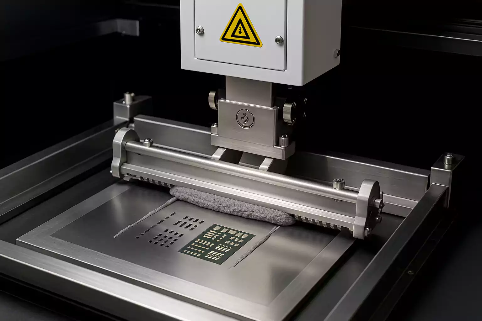 Solder paste stencil aligned on PCB for SMT assembly.