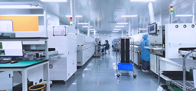 SMT assembly line with pick-and-place and reflow equipment.