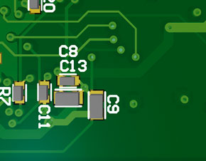 Close-up of PCB with clear silkscreen markings for component identification.