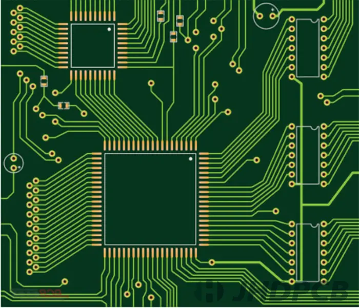Through-hole PCB with wide power traces and power plane for distribution.