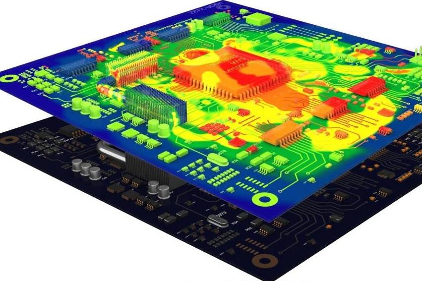 Thermal simulation of double-sided PCB showing heat distribution across different thicknesses.