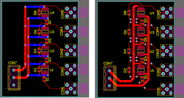 Audio amplifier PCB layout with power and signal traces