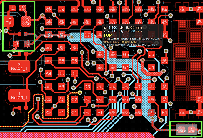 PCB layout with power vias and decoupling capacitors for noise reduction in mixed-signal design.