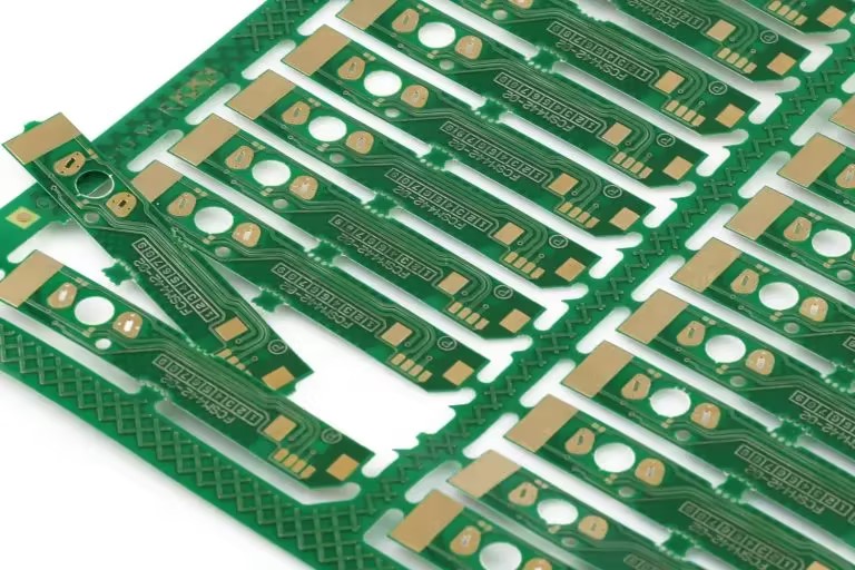 PCB panel before depaneling showing multiple connected boards.