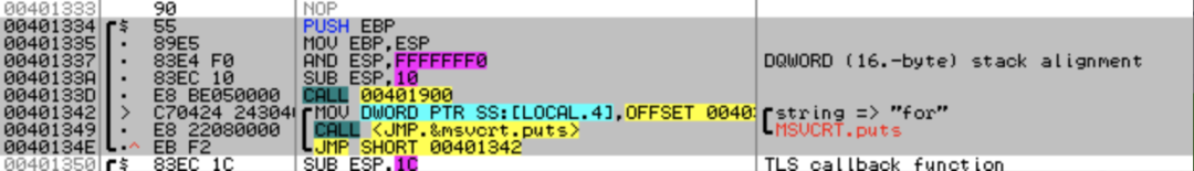 Assembly output for for(;;) loop