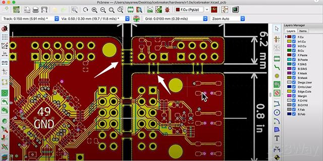 PCB design software showing mouse bite perforation placement