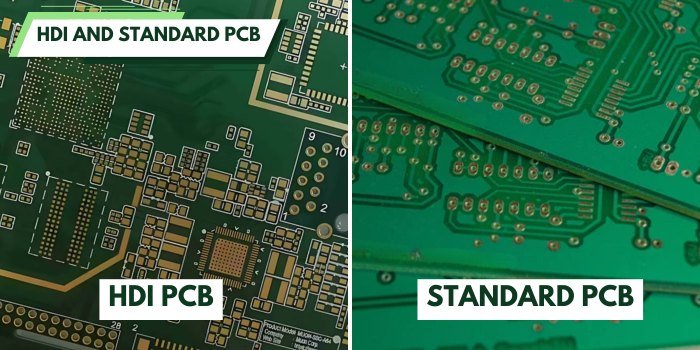 Comparison of traditional PCB vs HDI PCB showing microvias and fine traces.