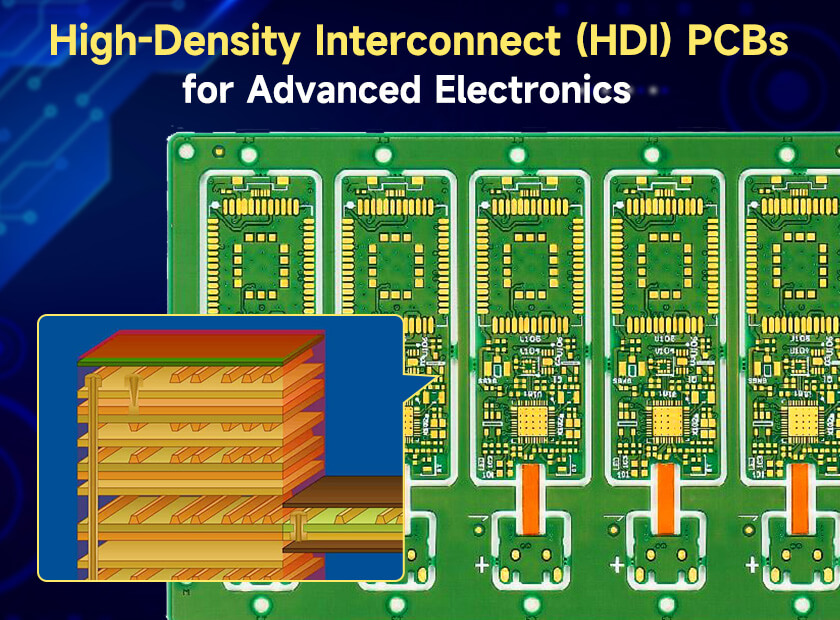 Close-up view of an HDI PCB showcasing microvias and high-density traces.