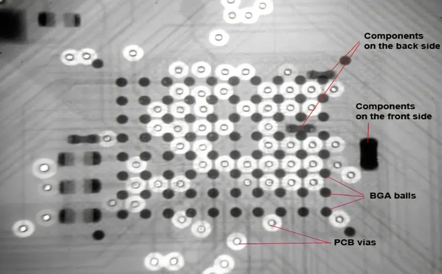 X-ray inspection of an HDI PCB showing microvia structures.