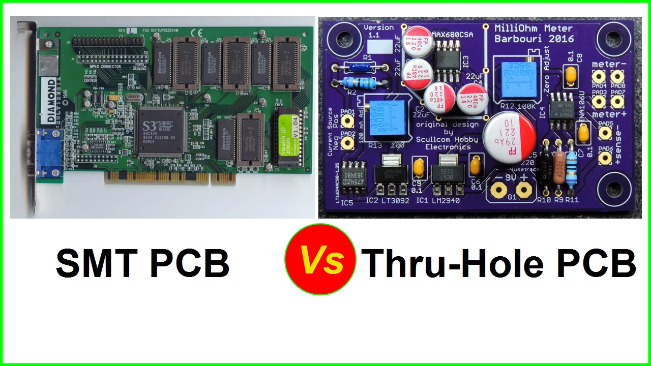 Side-by-side comparison of SMD and Through-Hole LEDs on a PCB.