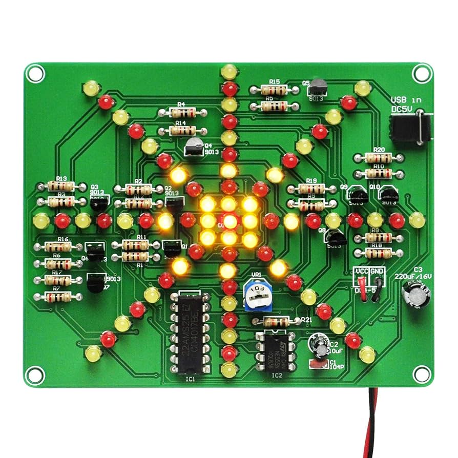 Completed PCB with active indicator lights for status display.