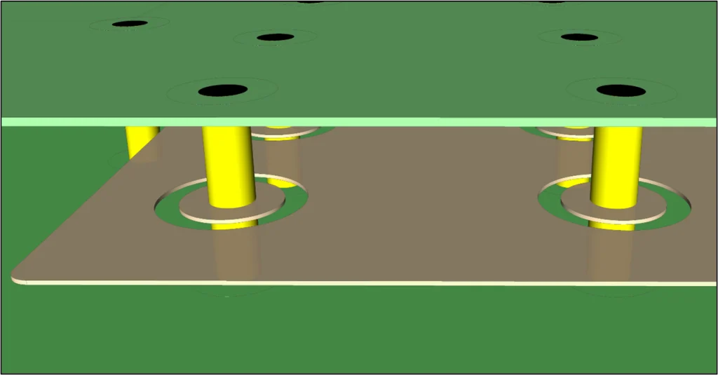 PCB layout showing optimal via spacing for ground and signal stitching.