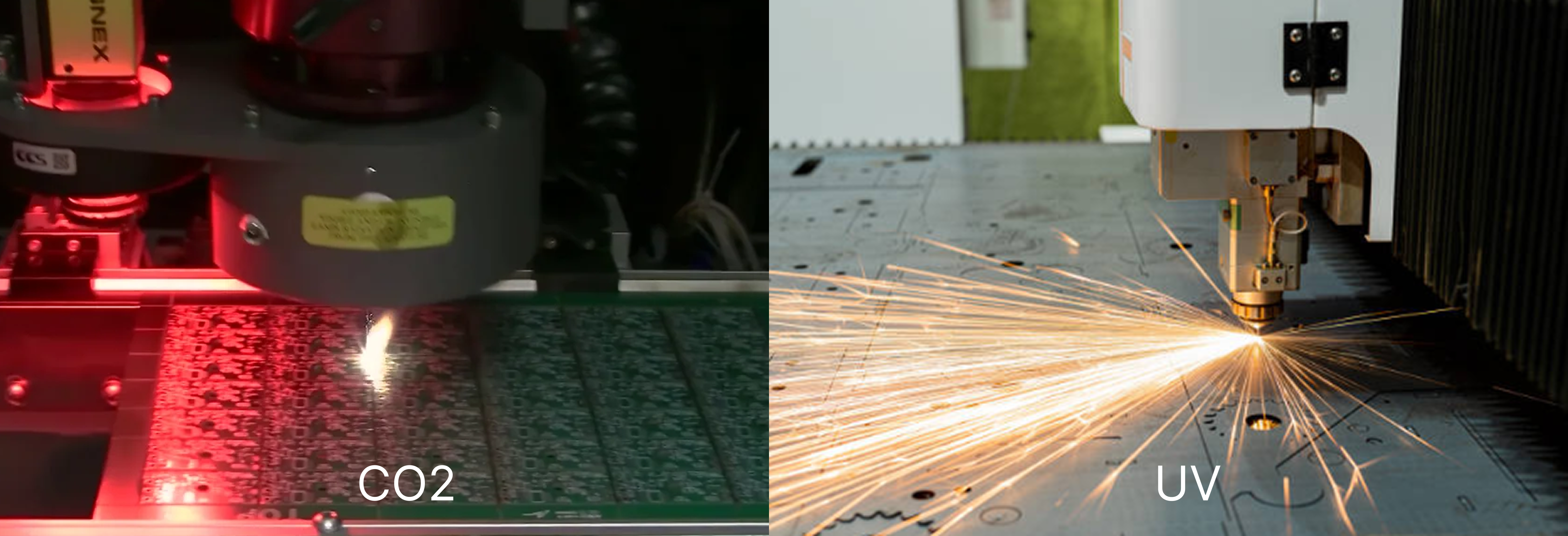 Comparison of CO2 and UV laser cuts on a flexible PCB showing edge precision.