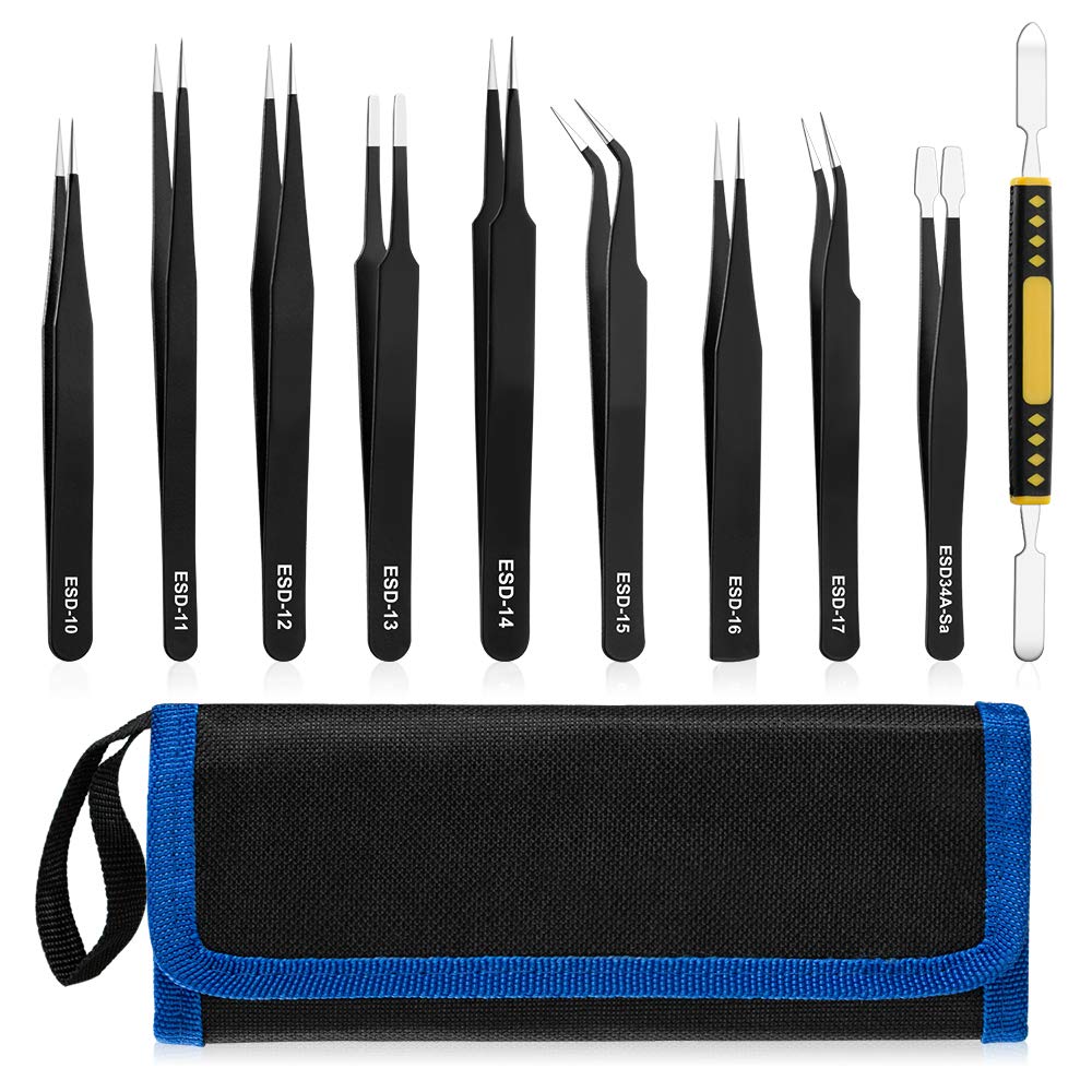Set of SMT tweezers with various tips for PCB assembly.