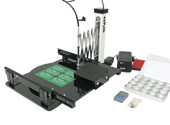 Manual pick and place system with camera for precise SMT assembly.