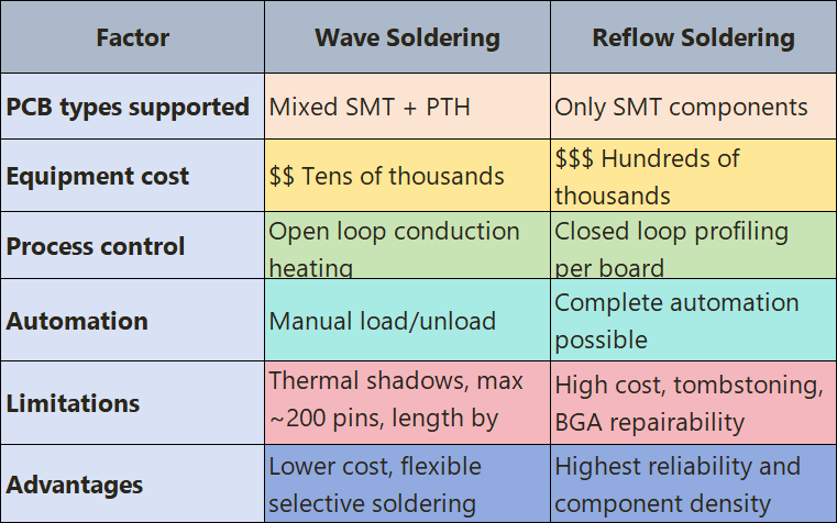 Infographic comparing reflow soldering vs wave soldering for PCB assembly.