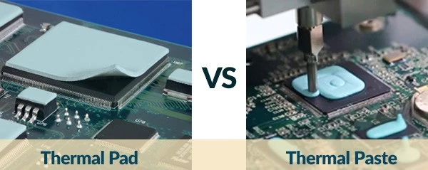 Thermal pad vs thermal paste comparison on electronic components.