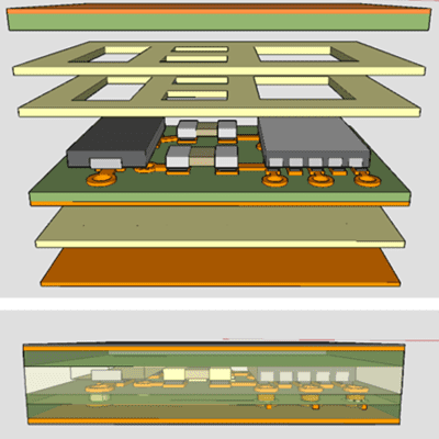 Cross-section of PCB with embedded components for cost-effective design.