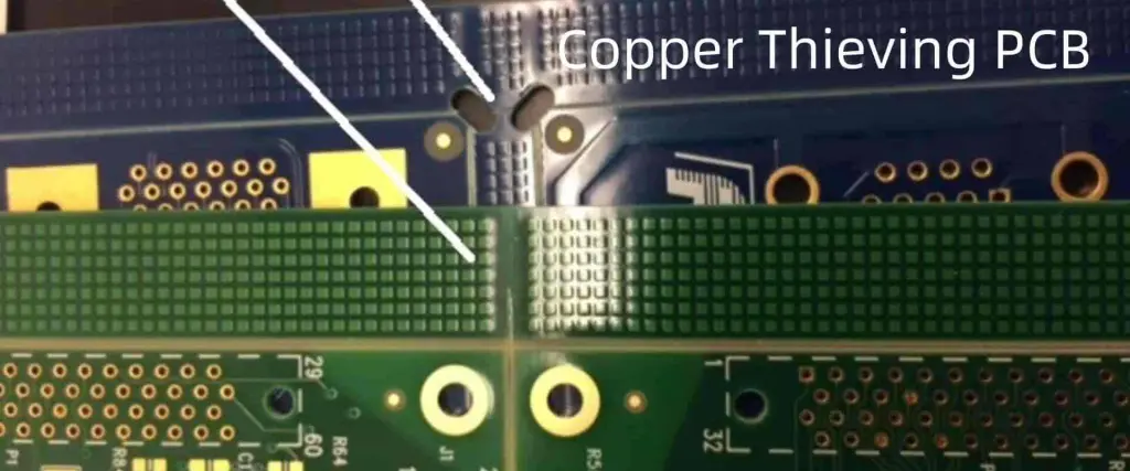 PCB design with copper thieving patterns for balanced copper distribution.
