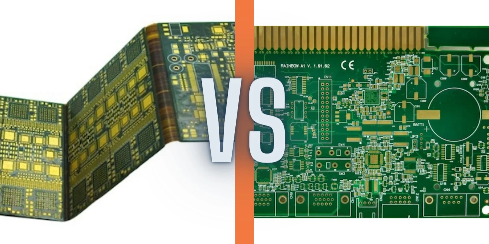 Flexible PCB vs. rigid PCB showing differences in bending strength and flexibility