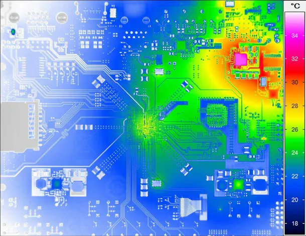Complex PCB wiring design under thermal inspection.