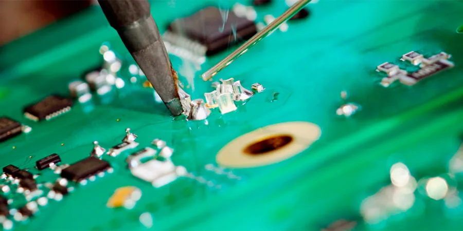 Soldering a jumper wire to repair a lifted solder pad on a PCB.