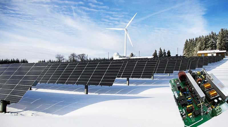 Renewable energy system with PCB for solar inverter or wind turbine.