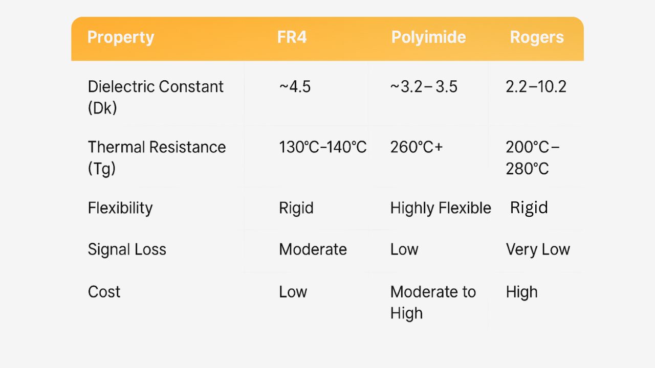 the thermal and dielectric properties of FR4, high-Tg FR4, polyimide, and PTFE materials.
