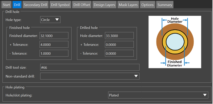 PCB design software interface for setting drilled hole diameter and tolerances.