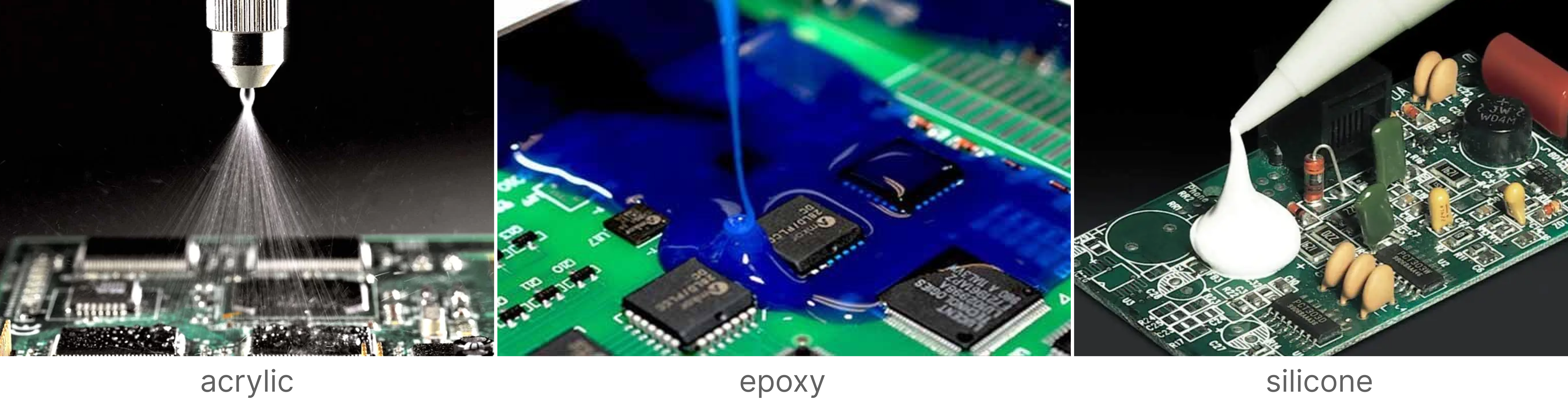 Comparison of acrylic, epoxy, and silicone conformal coatings for military PCBs.