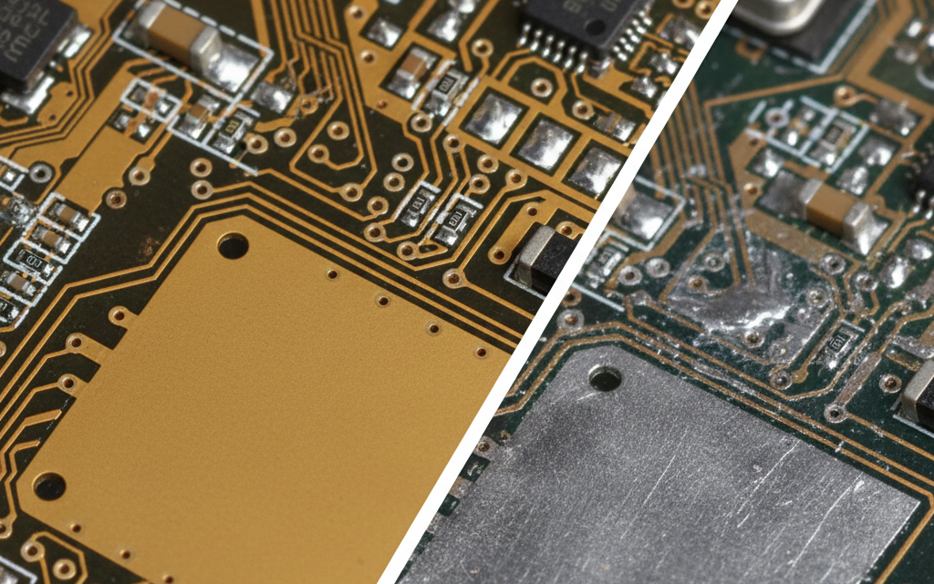 Comparison of OSP vs. HASL surface finish on PCB pads.
