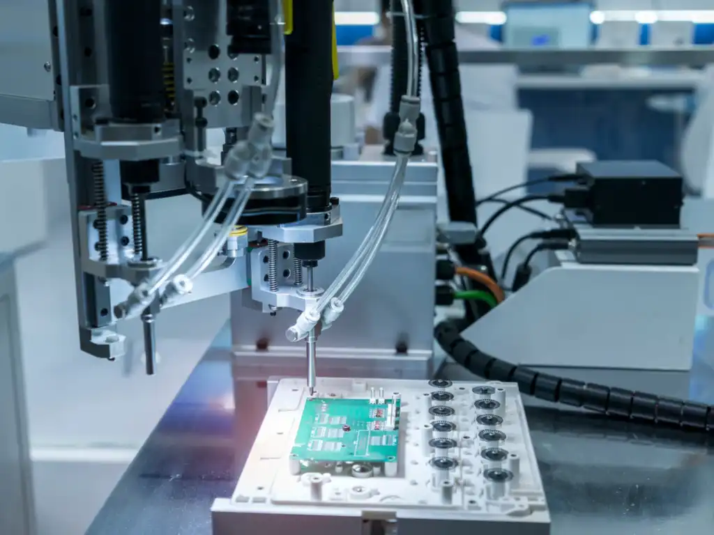 Laser drilling machine creating thermal vias on a PCB.