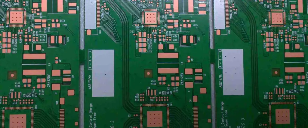 Close-up of PCB with OSP finish protecting copper pads.