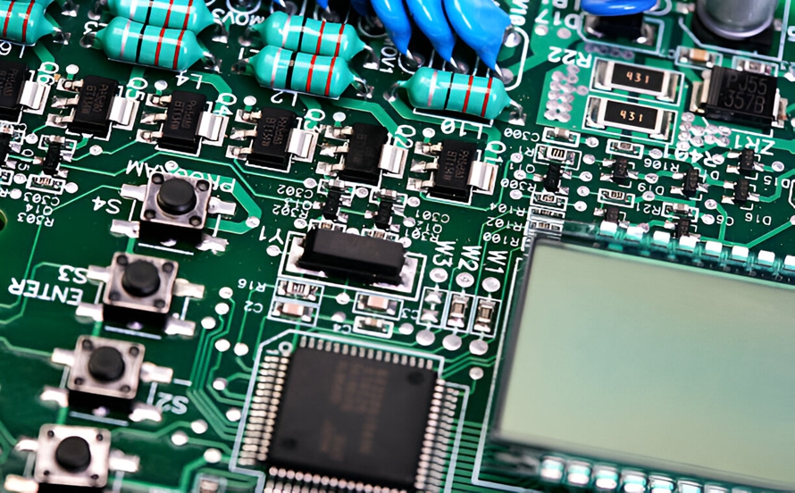Finished hybrid PCB design showcasing through-hole and SMT integration.