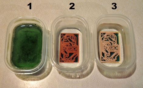 PCB etching process at home with chemical solution.