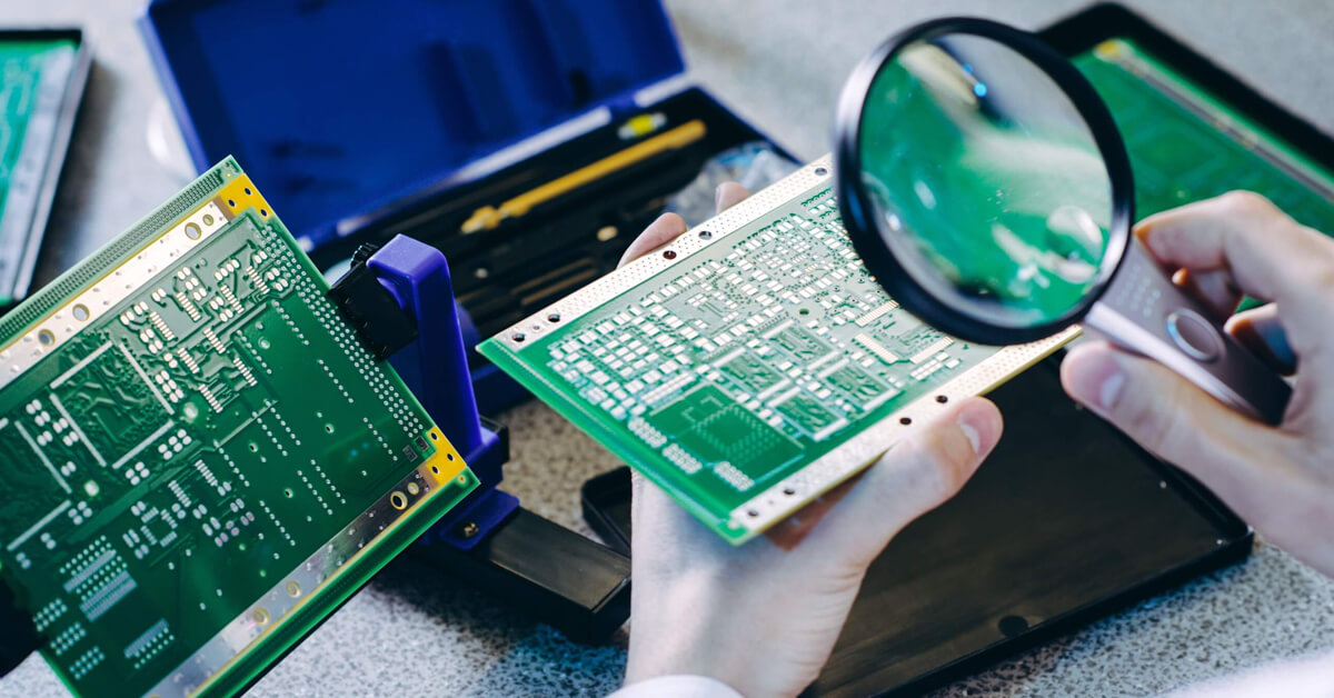 Technician inspecting PCB markings for assembly accuracy with clear silkscreen contrast.