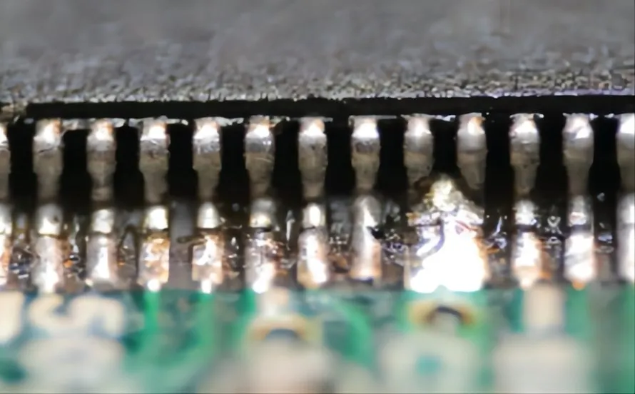 PCB with common soldering defects for troubleshooting.